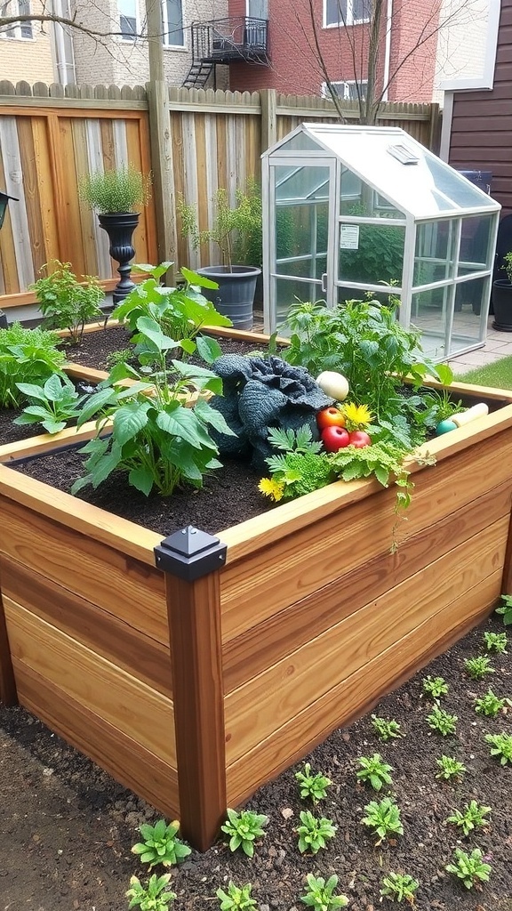 A cedar raised garden bed filled with various plants and flowers, with a greenhouse in the background.