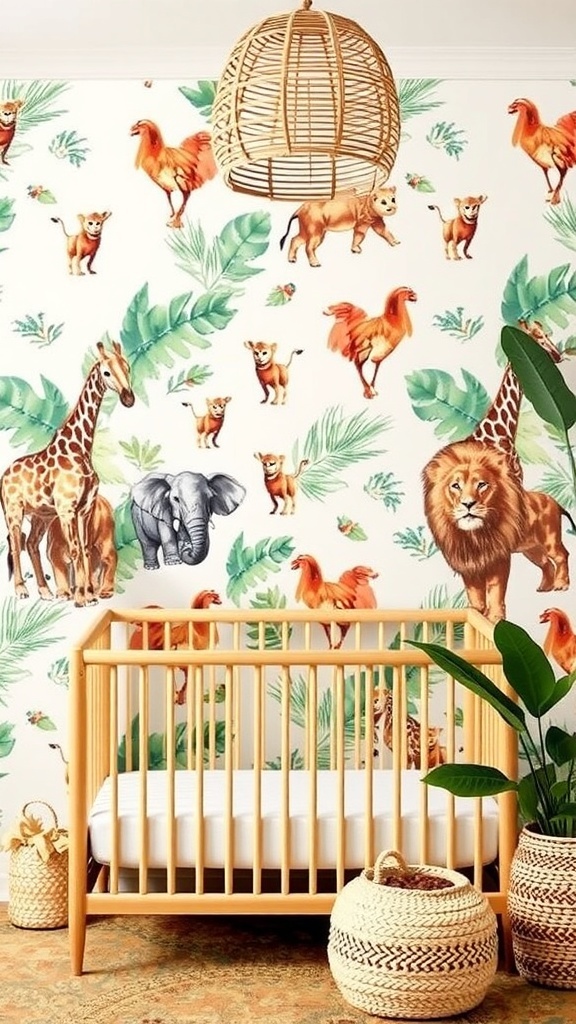 Colorful safari animal wallpaper in a nursery setting