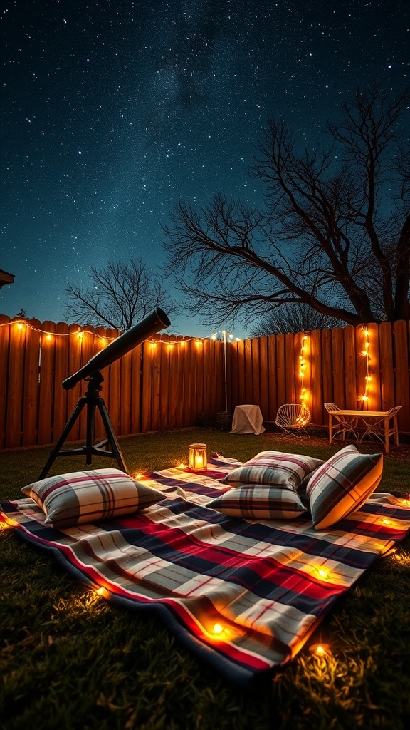 A cozy backyard setup for stargazing with a telescope, blanket, pillows, and string lights under a starry sky.