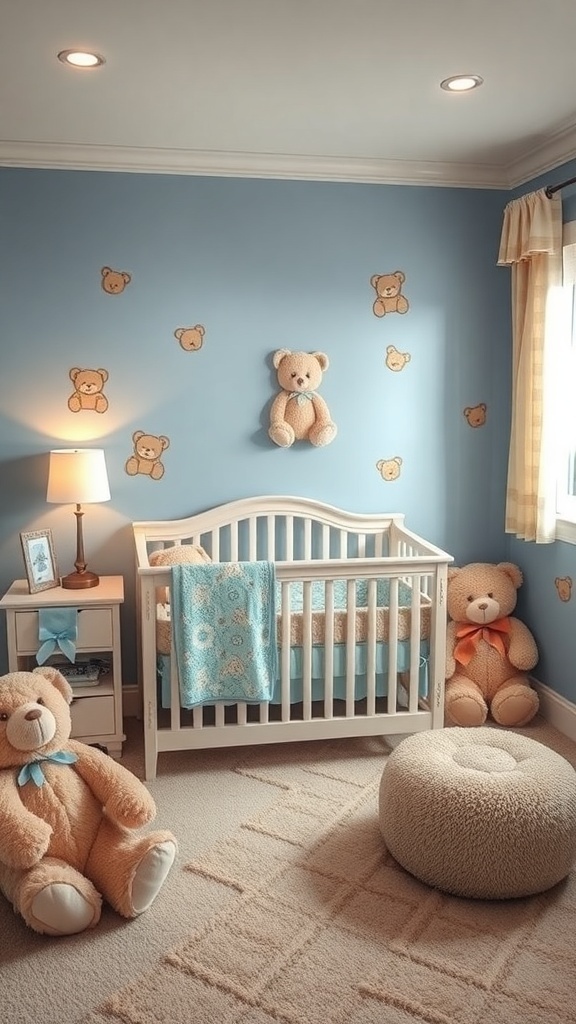 A cozy baby boy nursery featuring teddy bear themes with soft colors and plush toys.