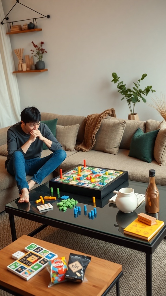A person sitting on a couch, focused on a board game laid out on a coffee table, surrounded by colorful game pieces and snacks.