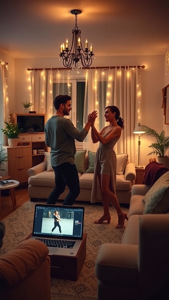 A couple dancing in their living room with a laptop showing a dance class.
