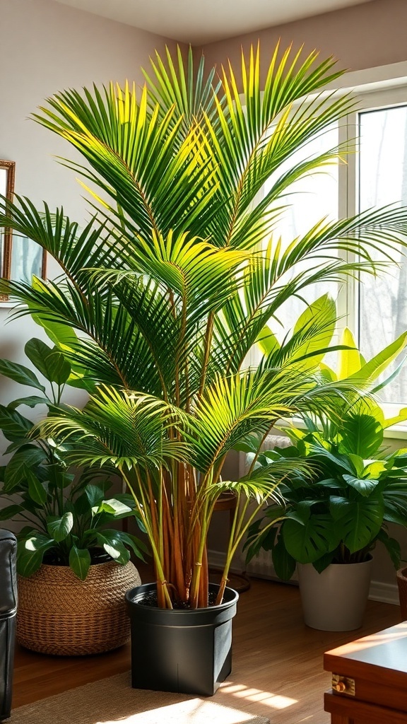 A large Areca Palm in a 10-inch pot, surrounded by other indoor plants in a bright room.