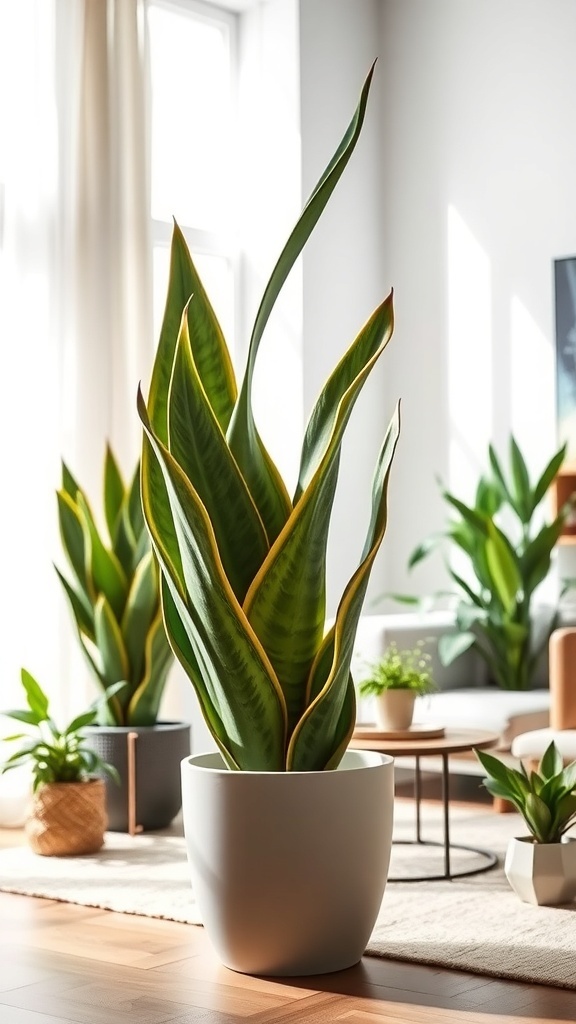 Large snake plant in a bright indoor setting with other plants