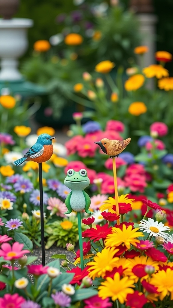 Colorful animal-themed garden stakes among flowers