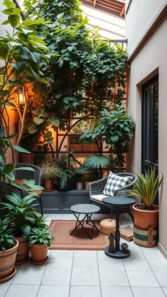 Cozy balcony garden with seating surrounded by greenery