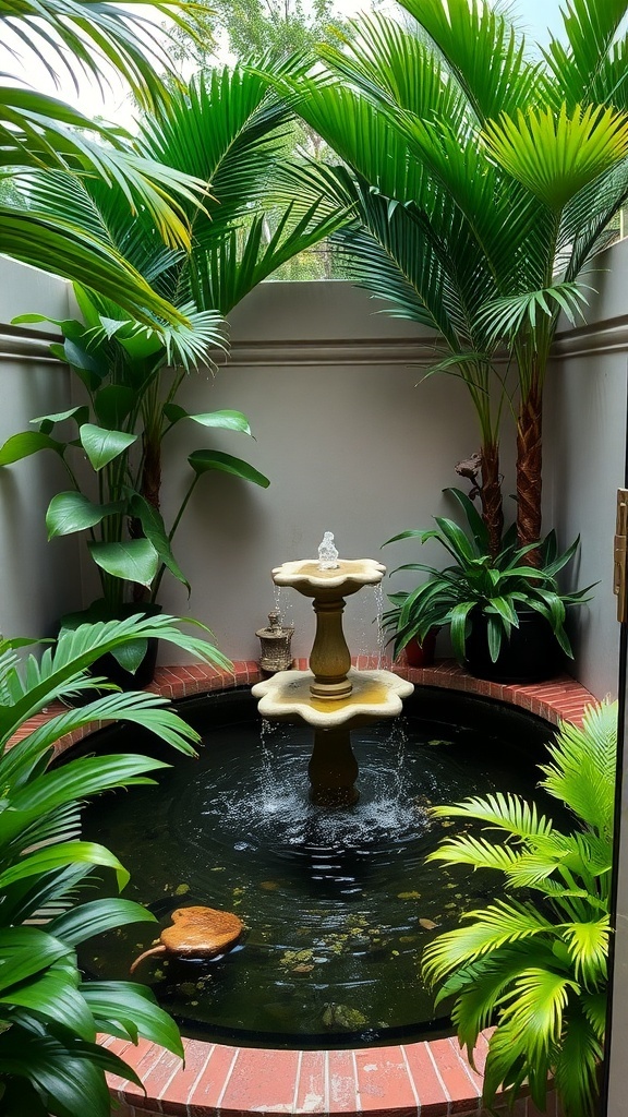 A balcony garden featuring a fountain surrounded by lush green plants.