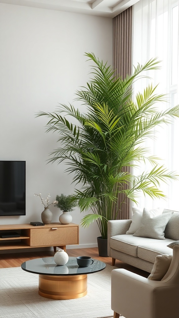 A Bamboo Palm in a modern living room setting, next to a sofa and coffee table.