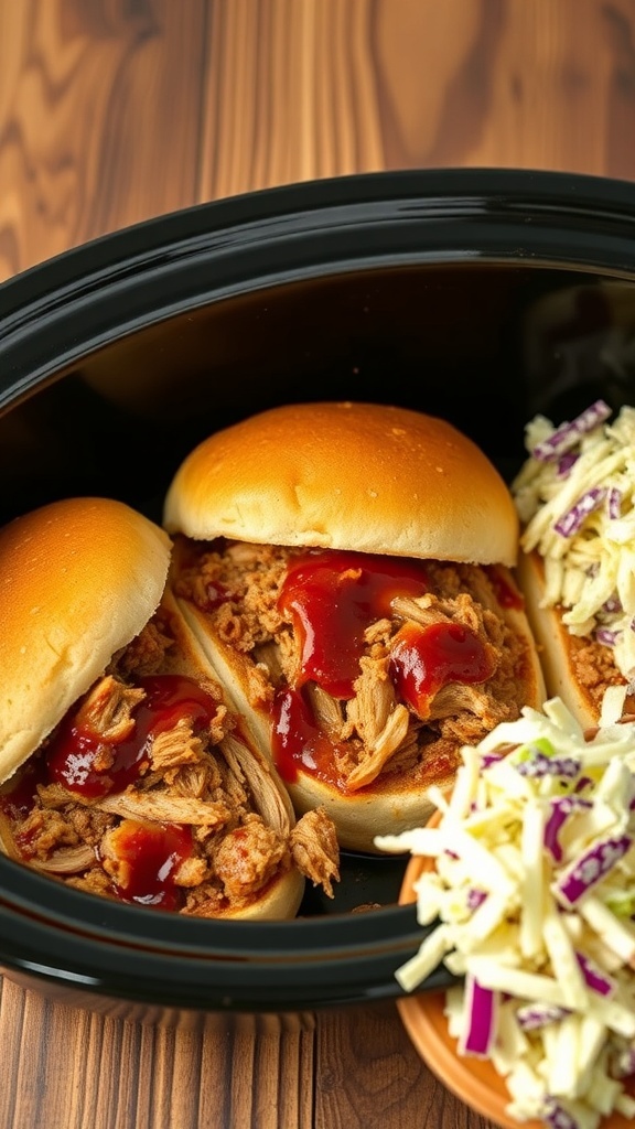 BBQ pulled pork sandwiches in a crockpot with coleslaw on the side