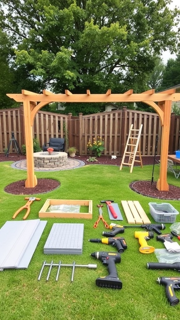 A DIY pergola with tools and materials laid out for assembly in a backyard.