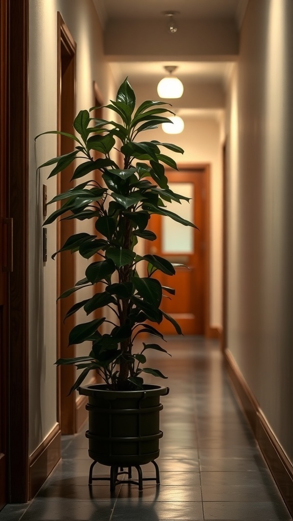 A Cast Iron Plant in a dimly lit hallway, showcasing its resilience and beauty.