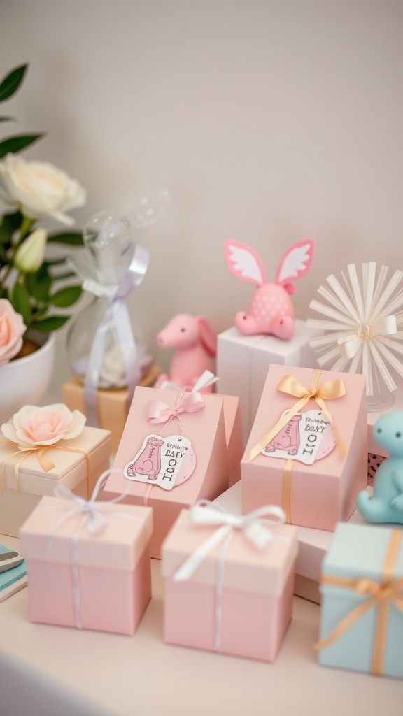 A display of charming baby shower favors, featuring beautifully wrapped gift boxes and cute decorations.