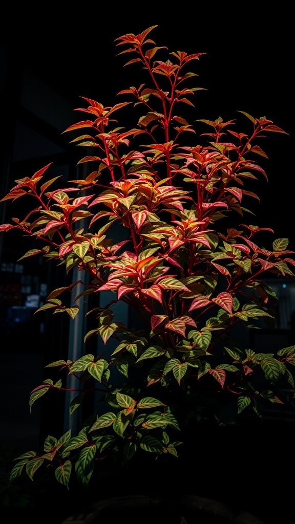 A vibrant Chinese Evergreen plant with colorful foliage against a dark background.