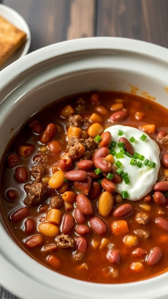 A bowl of beef and bean chili with toppings