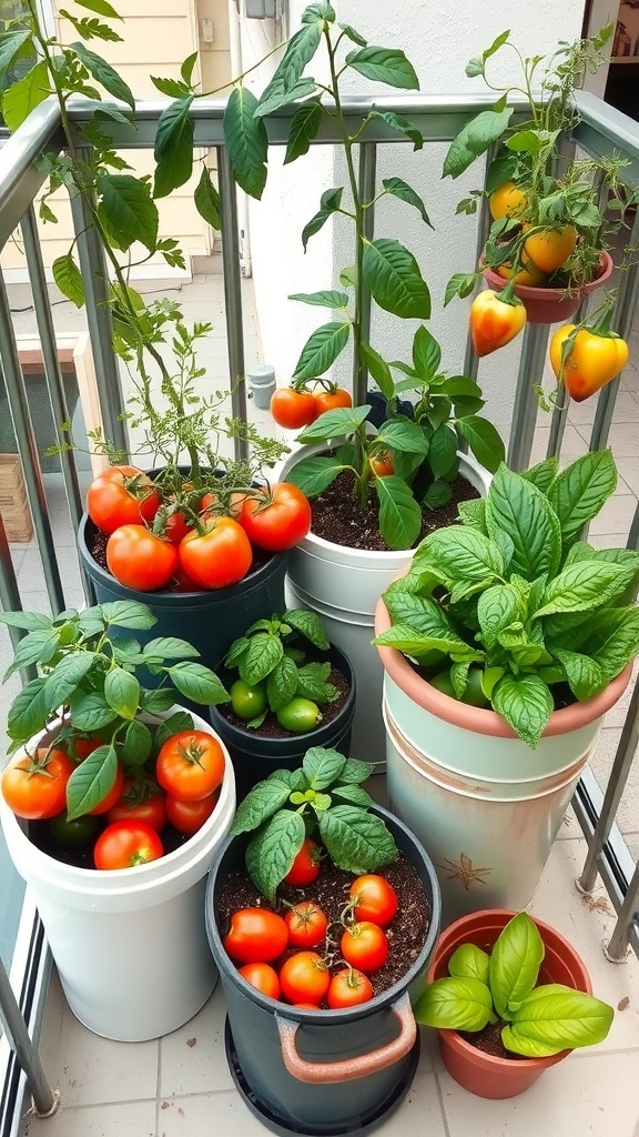 A compact vegetable garden featuring colorful tomatoes, peppers, and herbs in stacked containers on a balcony.