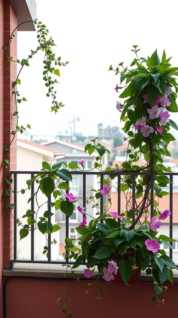 A balcony garden with vibrant flowers and climbing plants on a railing.