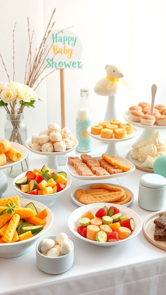 A beautifully arranged baby shower food table with fruits, snacks, and a cheerful sign.