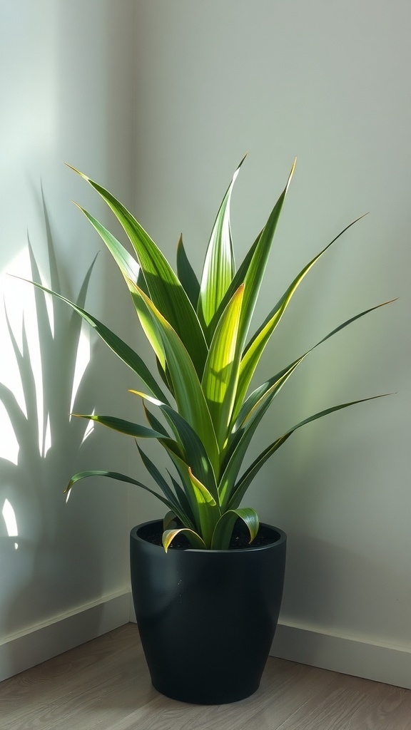 A tall Dracaena plant with long green leaves and yellow edges in a black pot, casting a shadow on a light wall.