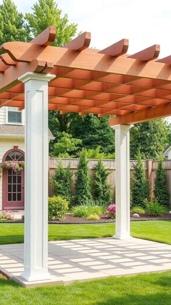 A beautiful vinyl pergola in a landscaped backyard