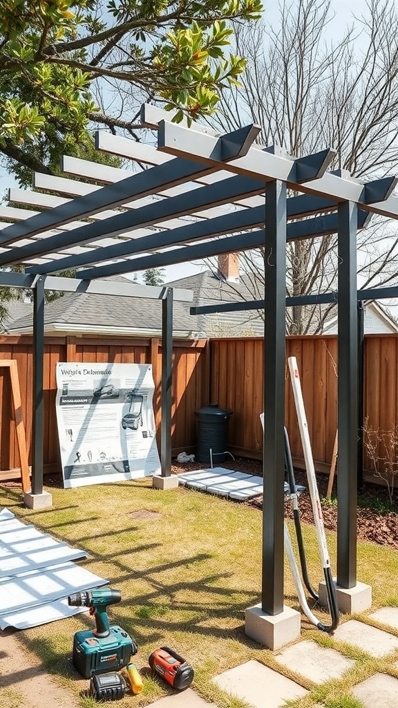 An easy-to-assemble metal pergola kit in a backyard setting, with tools and assembly materials visible.