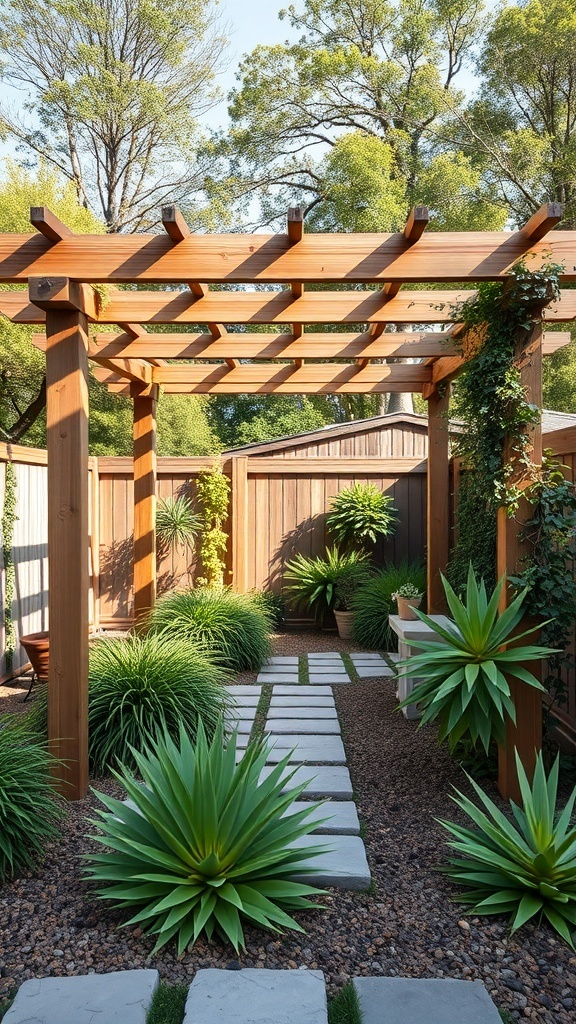 Eco-friendly wooden pergola surrounded by plants in a backyard setting