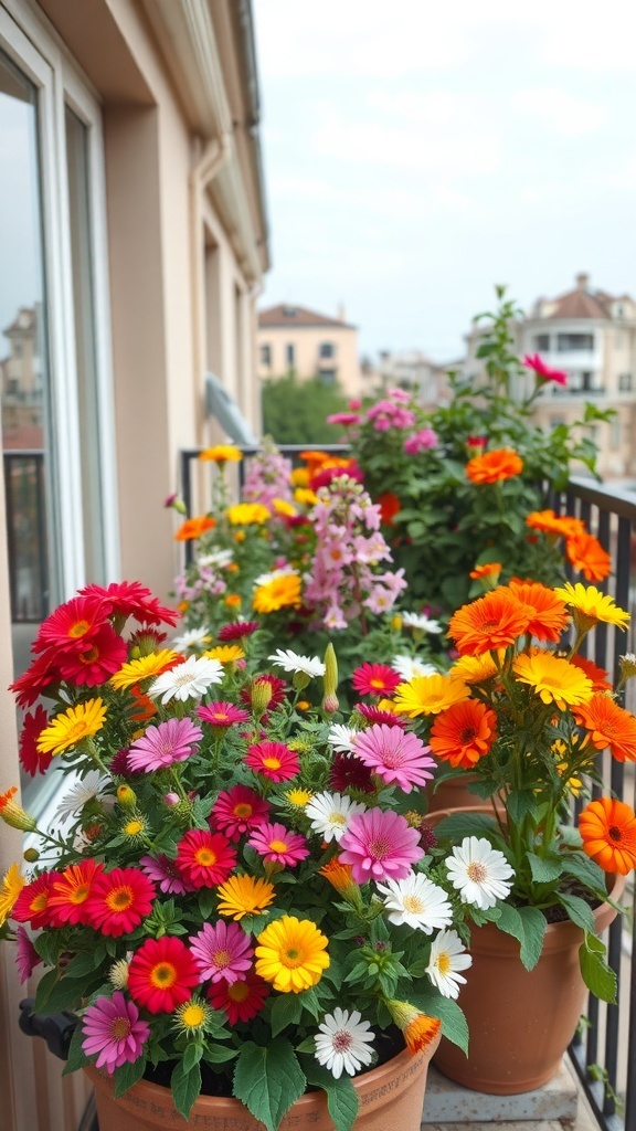 A colorful balcony garden filled with various edible flowers in pots.