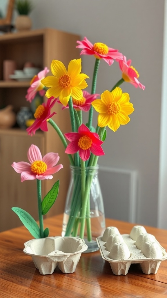 Colorful flowers made from egg cartons and pipe cleaners in a jar.