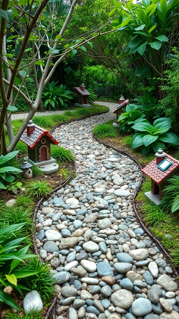 A winding stone pathway surrounded by lush greenery and tiny fairy houses.