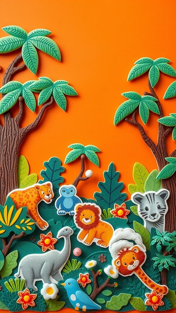 Colorful foam stickers arranged in a jungle scene with animals and plants on an orange background.