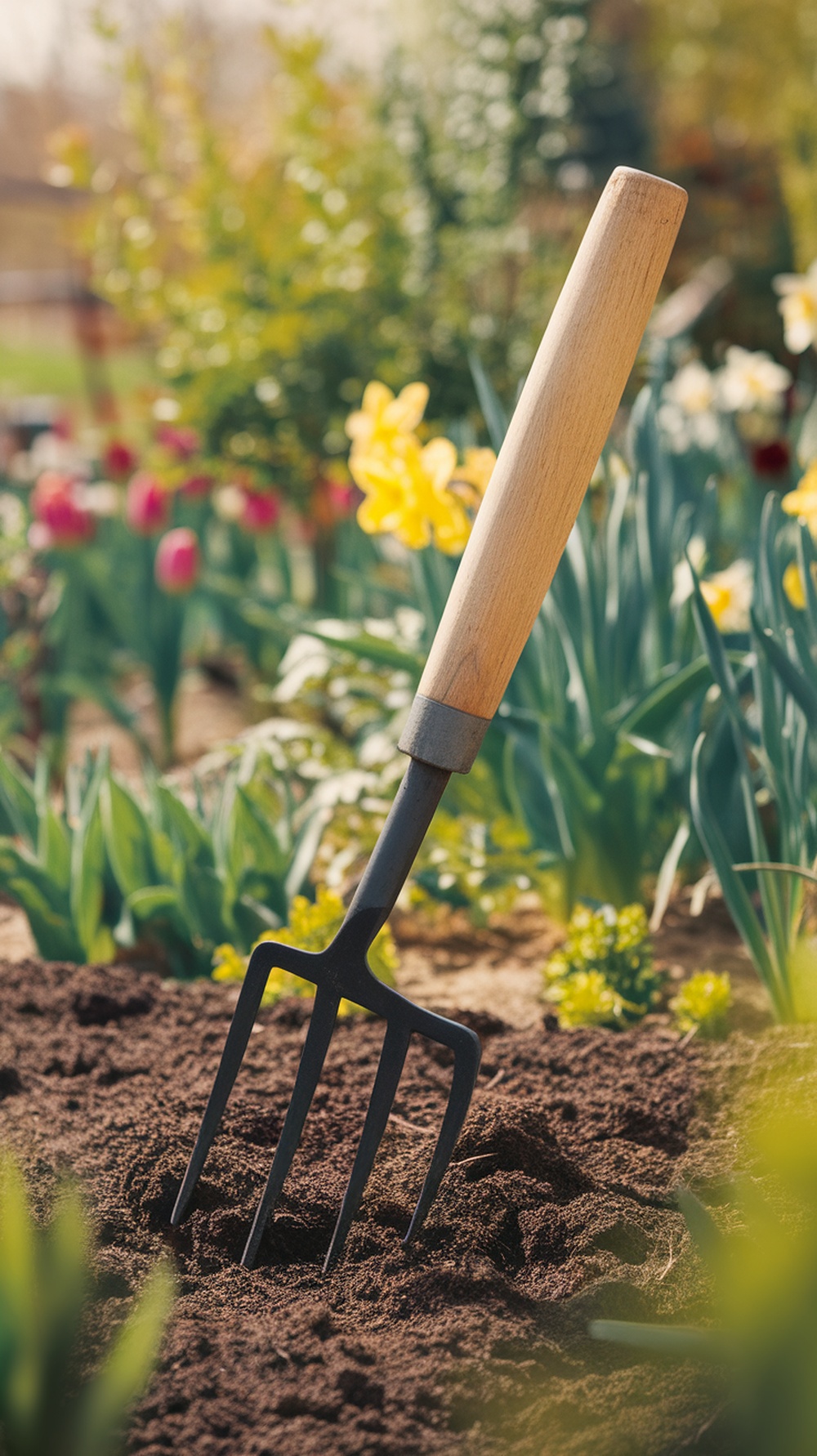 A garden fork with a wooden handle resting in dark soil with colorful flowers in the background.