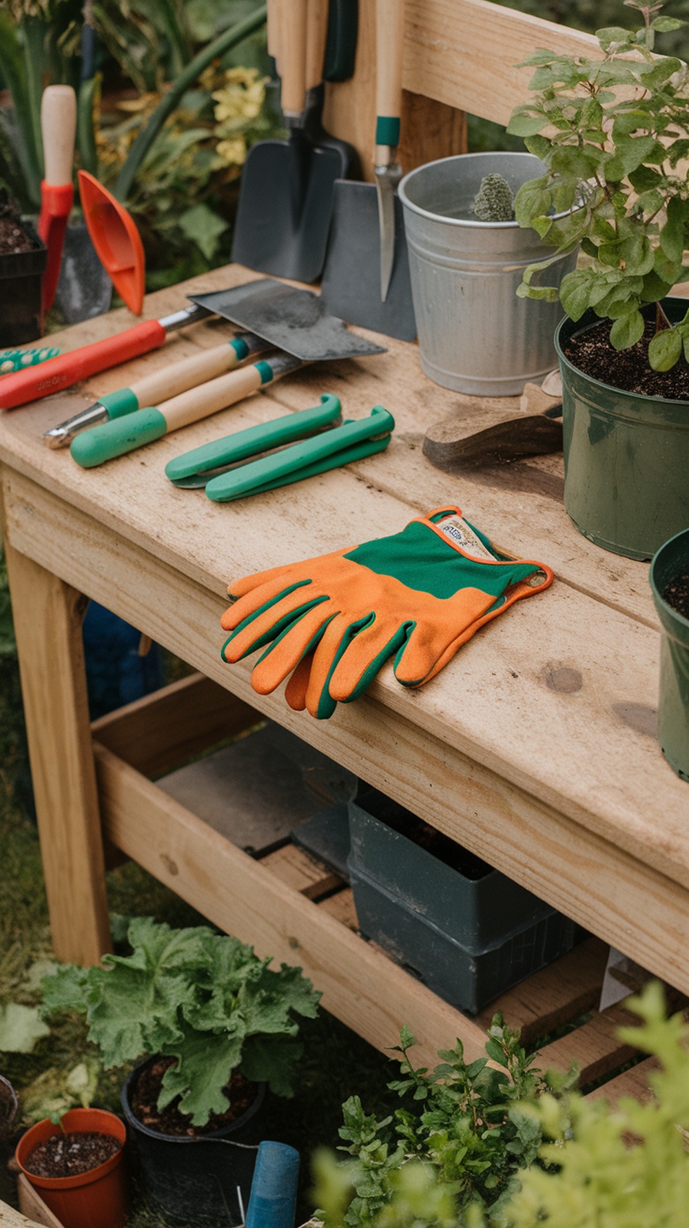 A pair of colorful garden gloves on a wooden table surrounded by gardening tools and plants.