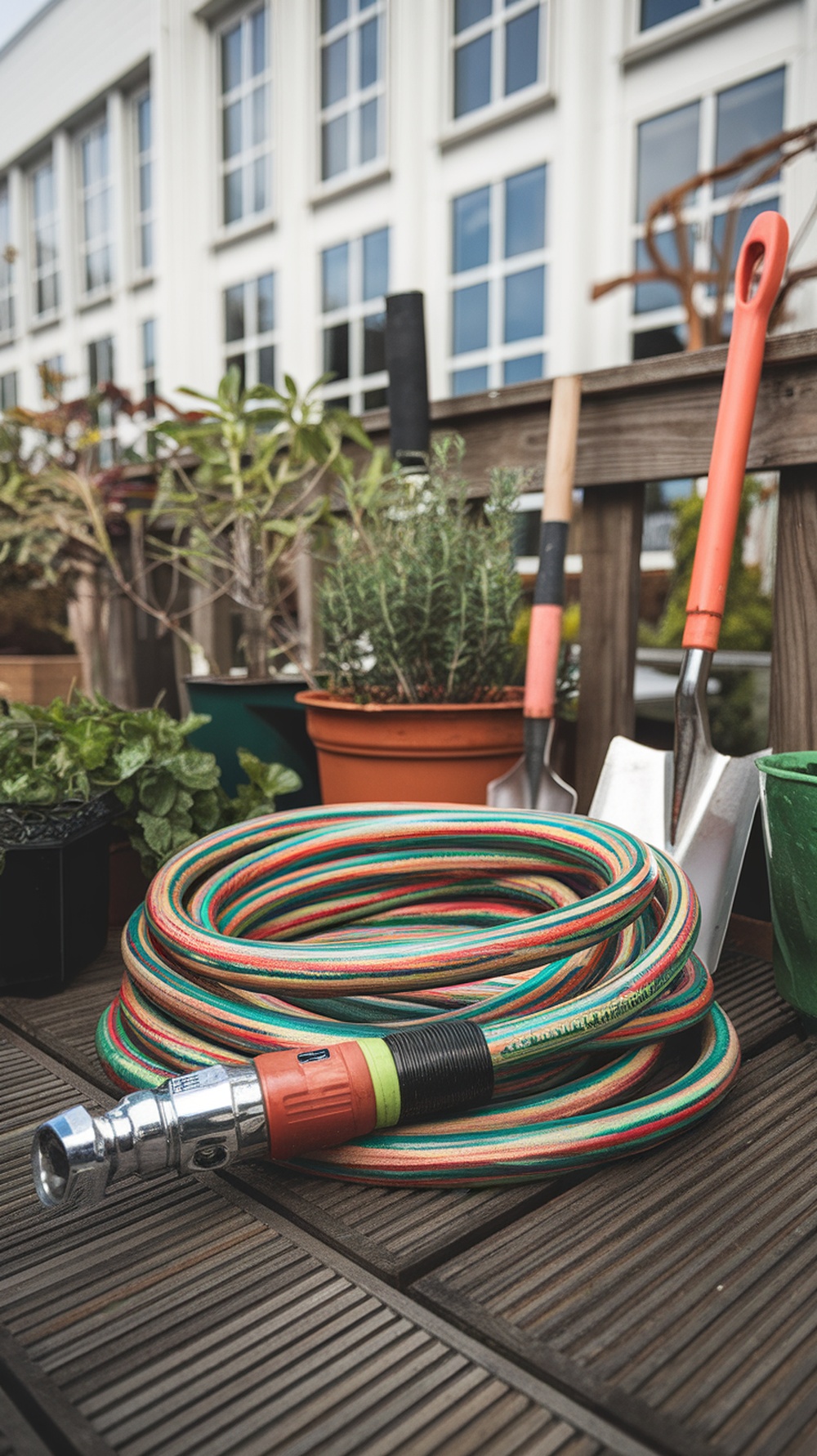 A colorful garden hose with a nozzle, surrounded by pots and gardening tools.