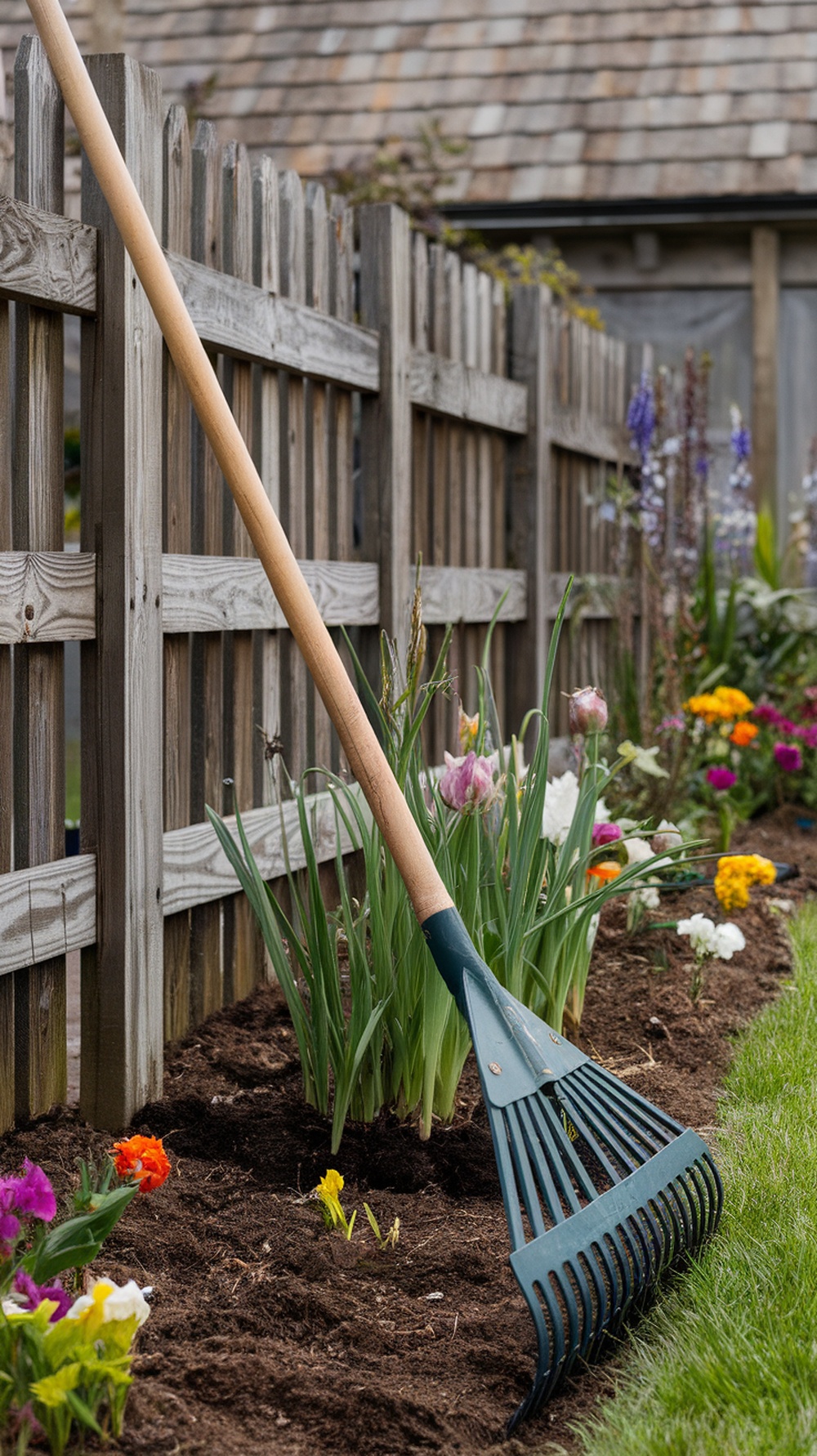 A garden rake leaning against a wooden fence, surrounded by colorful flowers in a garden.
