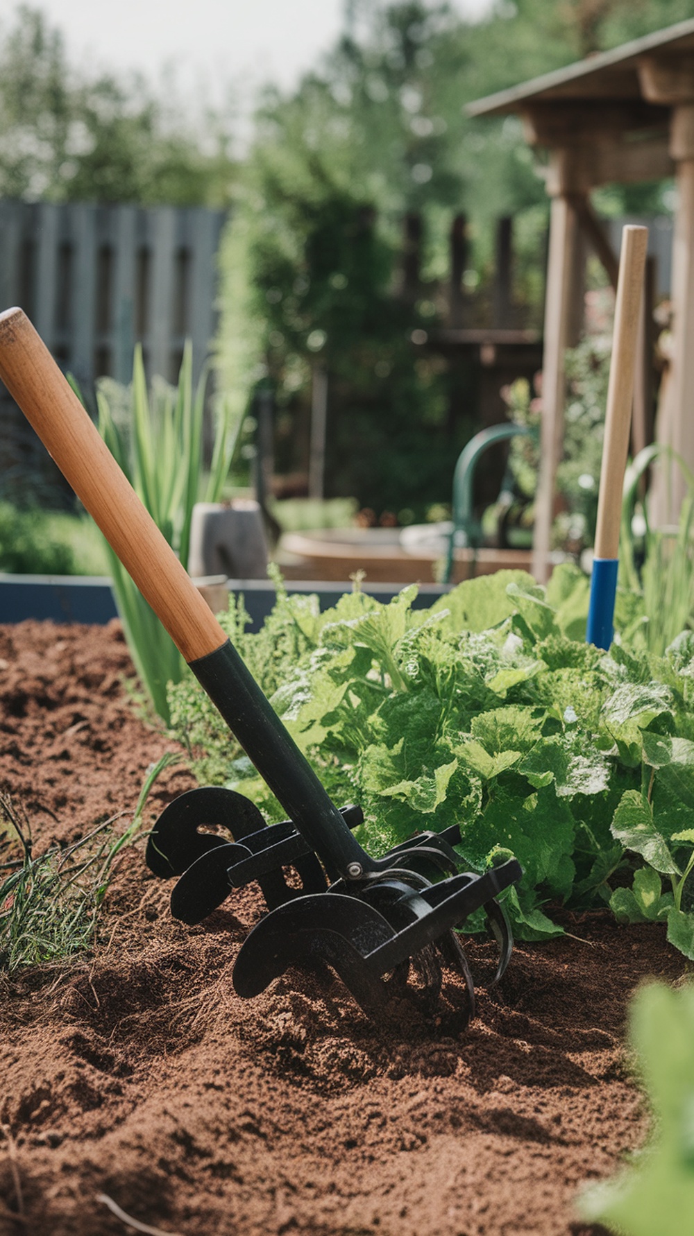 A hand cultivator with a wooden handle and metal tines in a garden bed with leafy greens.