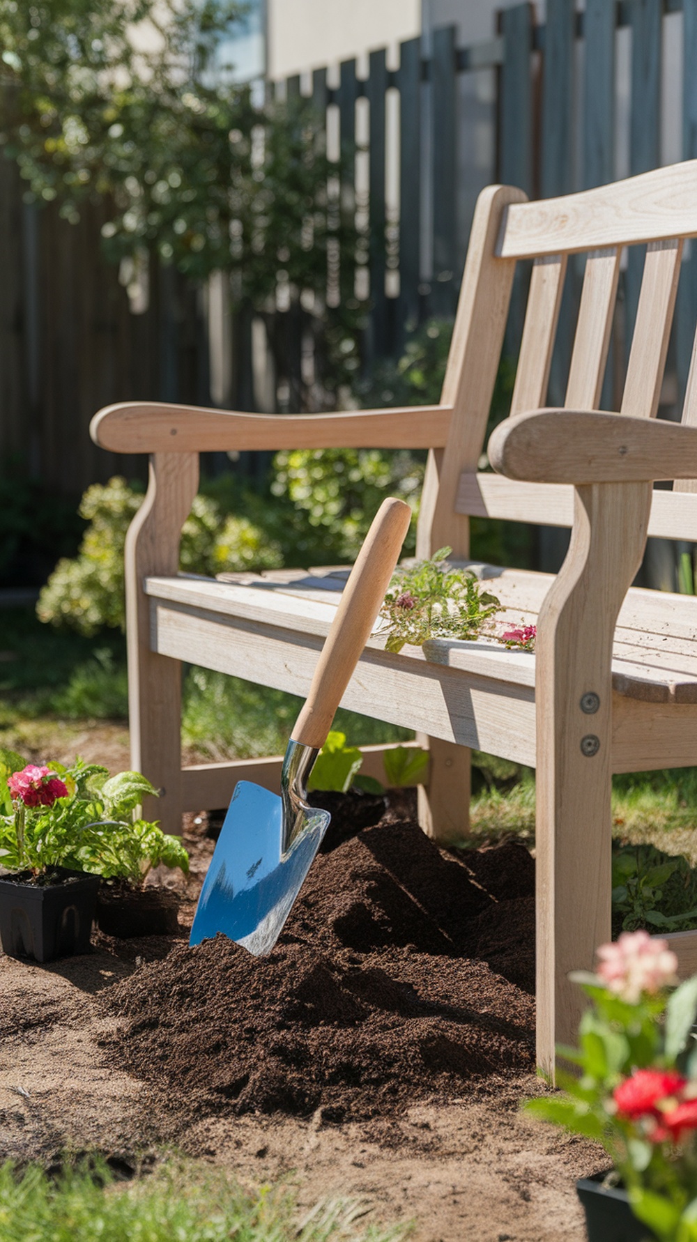 A shiny hand trowel resting in soil next to a wooden bench and potted flowers.