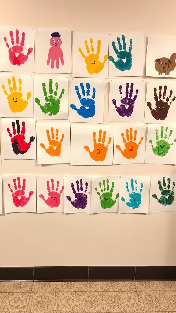 Colorful handprint art displayed on a wall, showcasing various designs and characters.