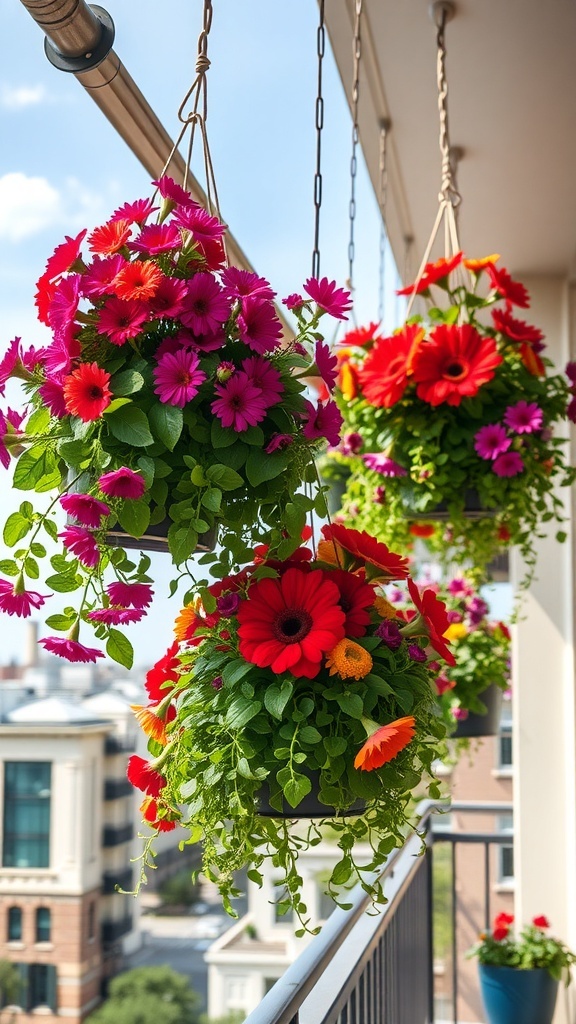 Hanging planters filled with colorful flowers on a balcony