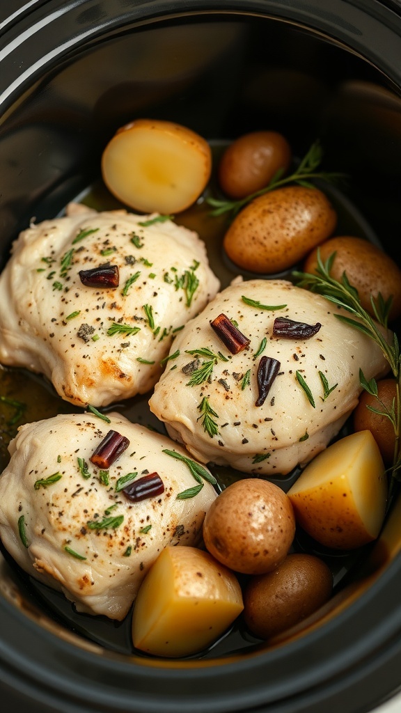 Crockpot with herbed chicken thighs and baby potatoes