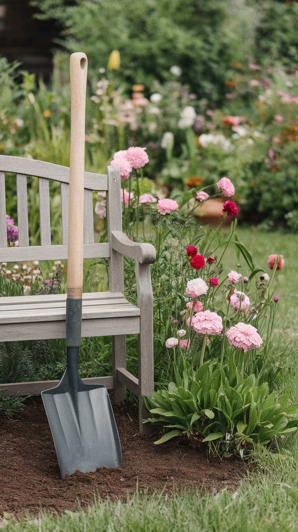 A hoe resting beside a wooden bench in a colorful garden