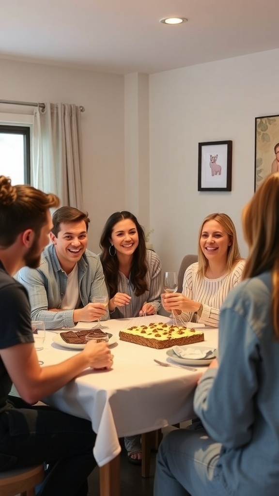 A group of friends enjoying a baby shower with food and drinks, smiling and interacting around a table.