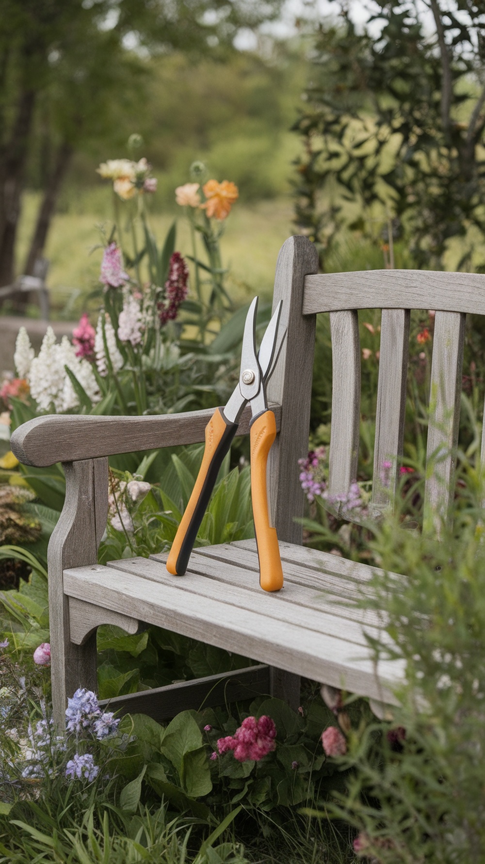 A pair of loppers on a wooden bench in a garden with flowers and greenery.