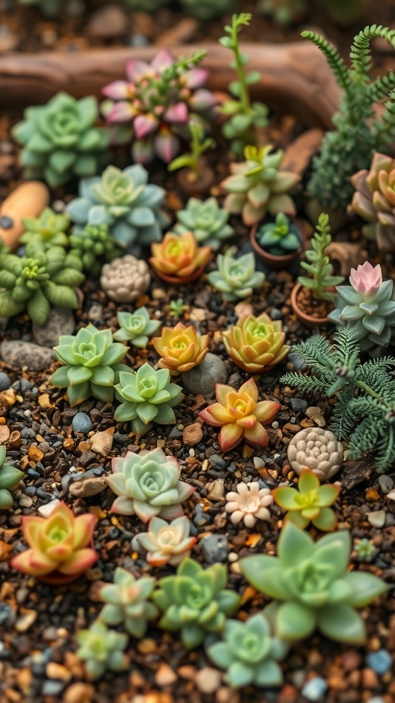 A variety of colorful succulents arranged in a fairy garden setting.