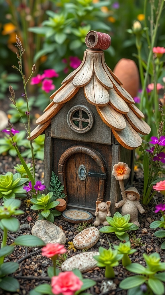 A whimsical fairy house made from recycled materials, surrounded by colorful flowers and greenery.