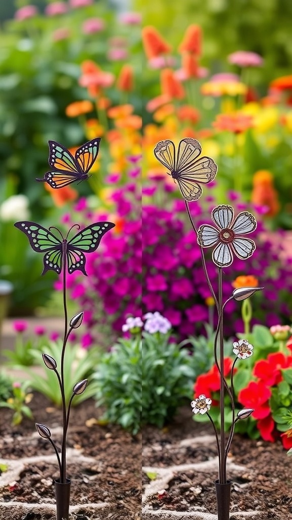 Decorative metal garden stakes featuring butterflies and flowers