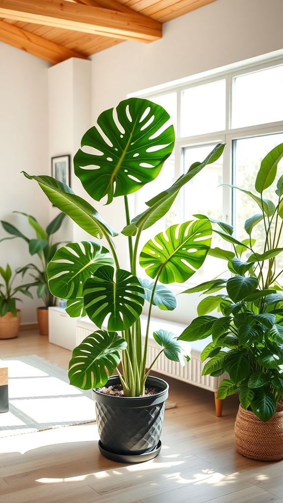 A large Monstera Deliciosa plant with distinctive leaves in a bright indoor setting.