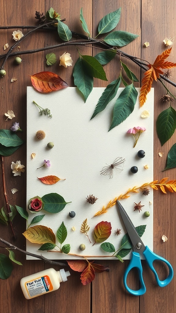 A variety of leaves, flowers, and twigs arranged around a blank canvas with scissors and glue.