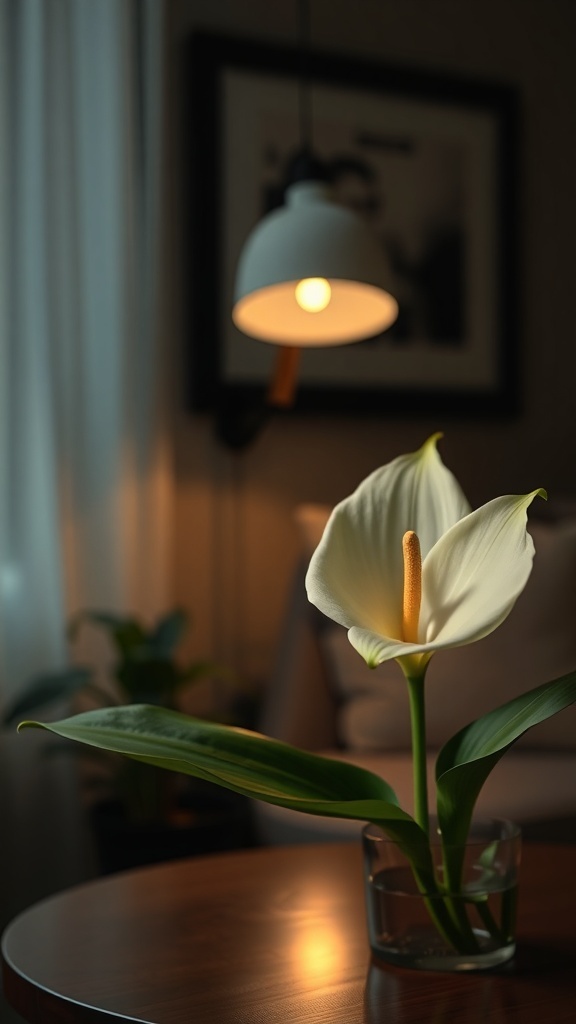 A Peace Lily on a wooden table with a soft lamp light in the background