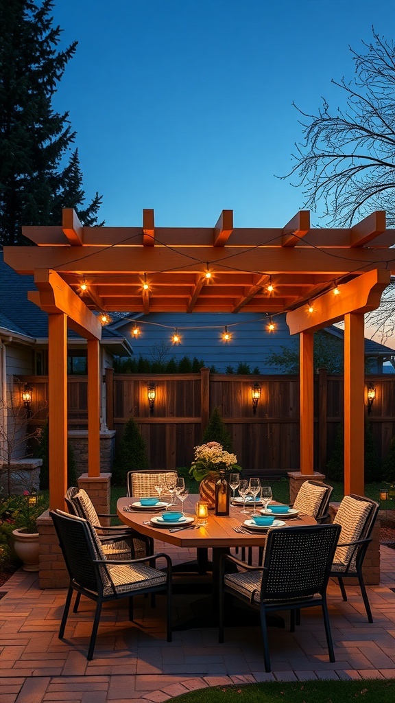 A beautifully lit pergola with a dining table and chairs, perfect for outdoor entertaining.