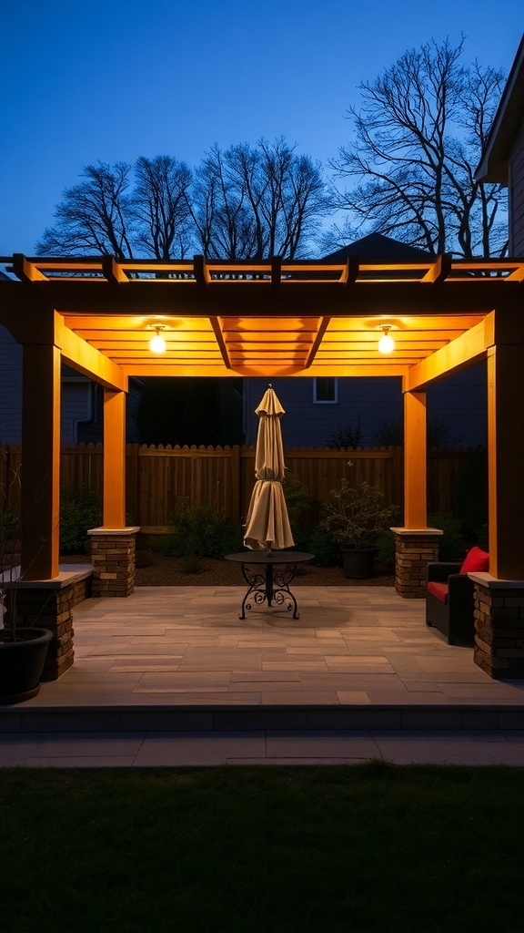 A beautifully lit pergola in a backyard at dusk