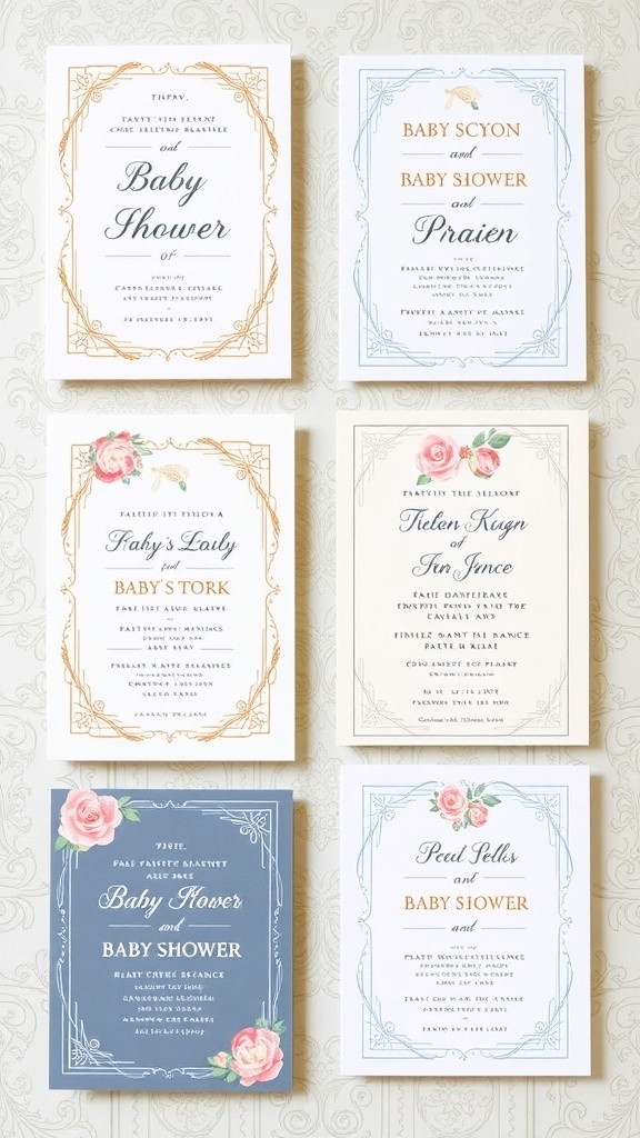 A collection of beautifully designed baby shower invitations featuring floral and animal motifs.